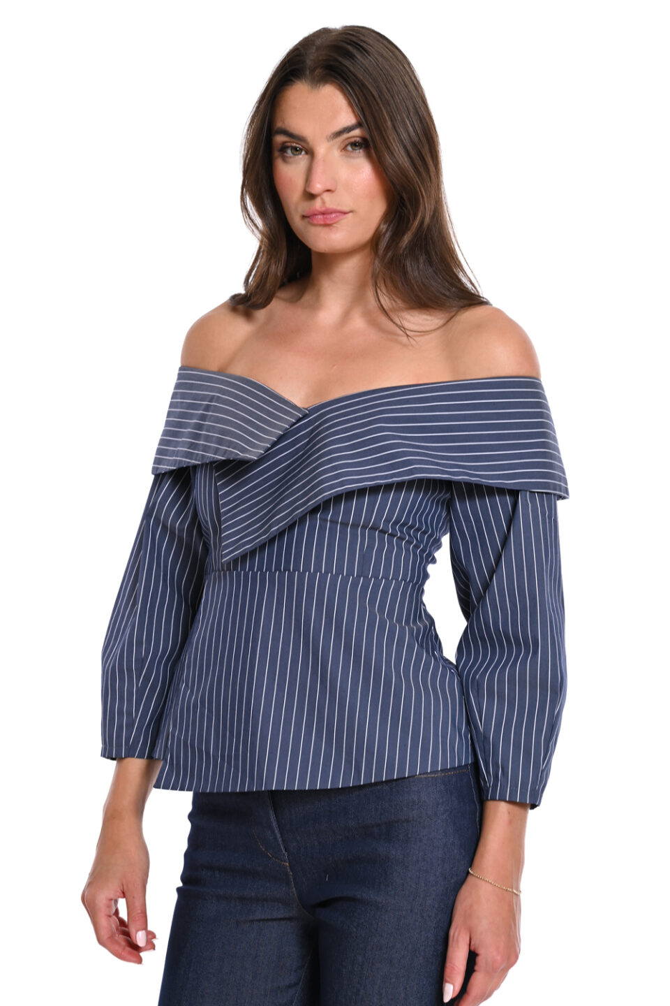 Μπλε Ριγέ Off-Shoulder Τοπ
